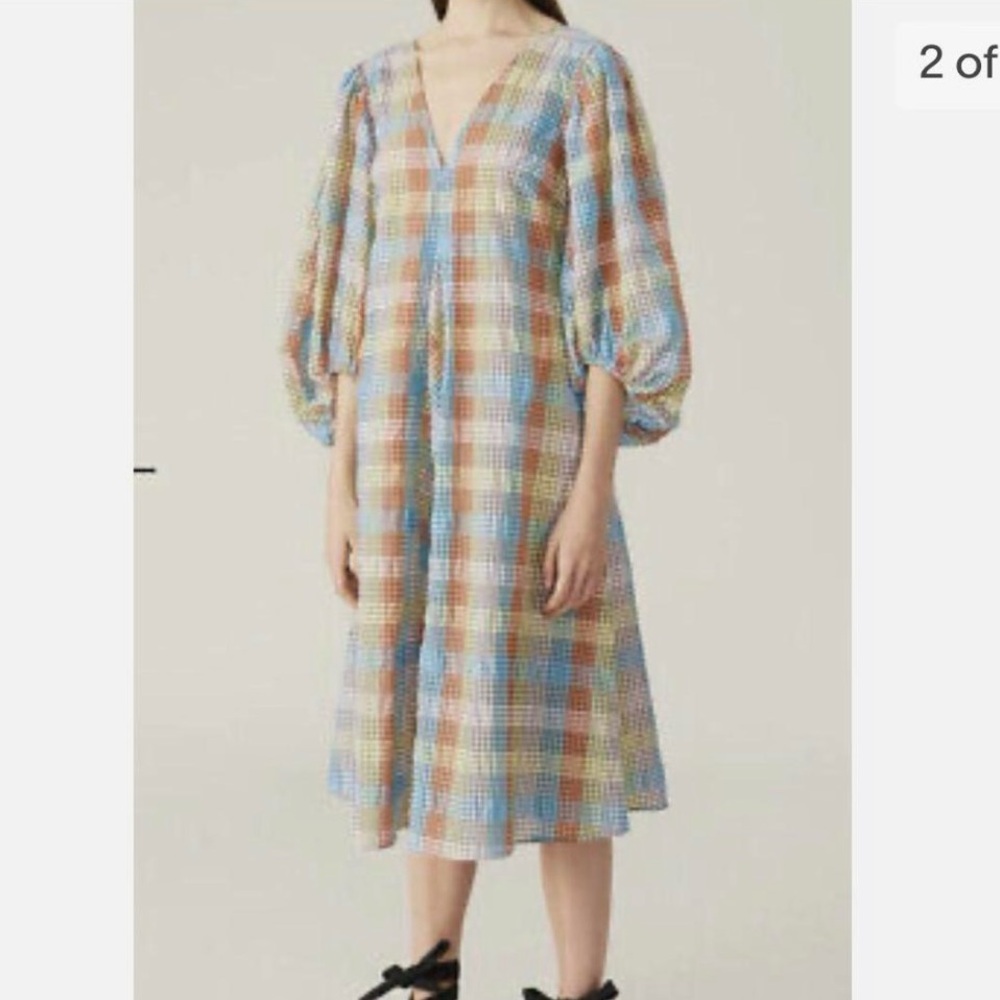 GANNI Seersucker Check Midi Dress Multicolor, size 6